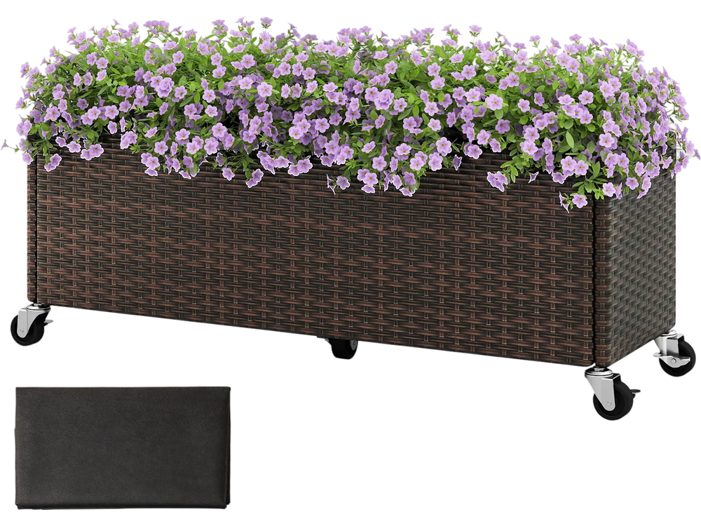 Raised Garden Bed PE Rattan Wicker Patio Planter Box with Wheels and Liner