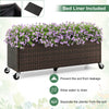 Raised garden bed planter box made of PE rattan with wheels, featuring a bed liner for soil separation and drainage.