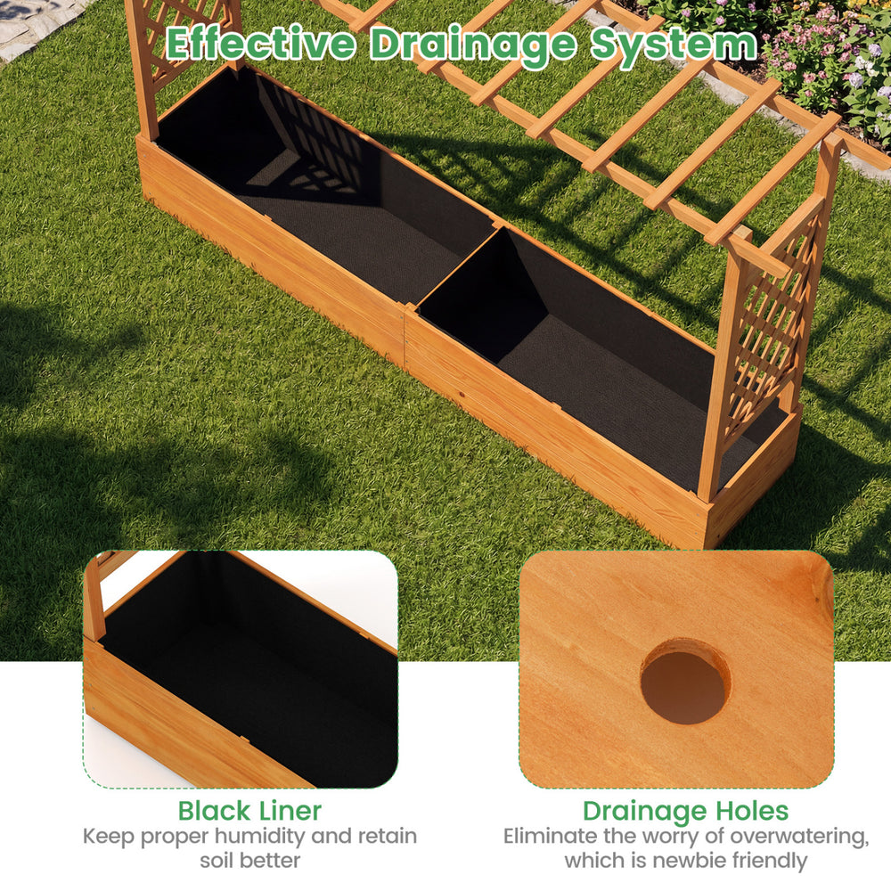 Raised garden bed planter box with lattice trellis and drainage holes, crafted from sturdy pine wood for plant.