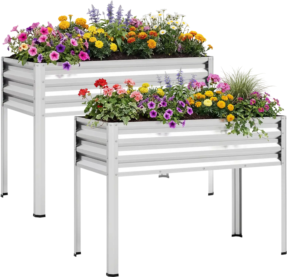 Two elevated metal planter boxes in silver, perfect for gardening with flowers and vegetables, featuring drainage holes.