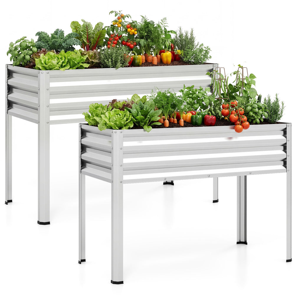Elevated planter boxes set of 2 in silver, made of weatherproof electro-coated metal, ideal for growing vegetables and.