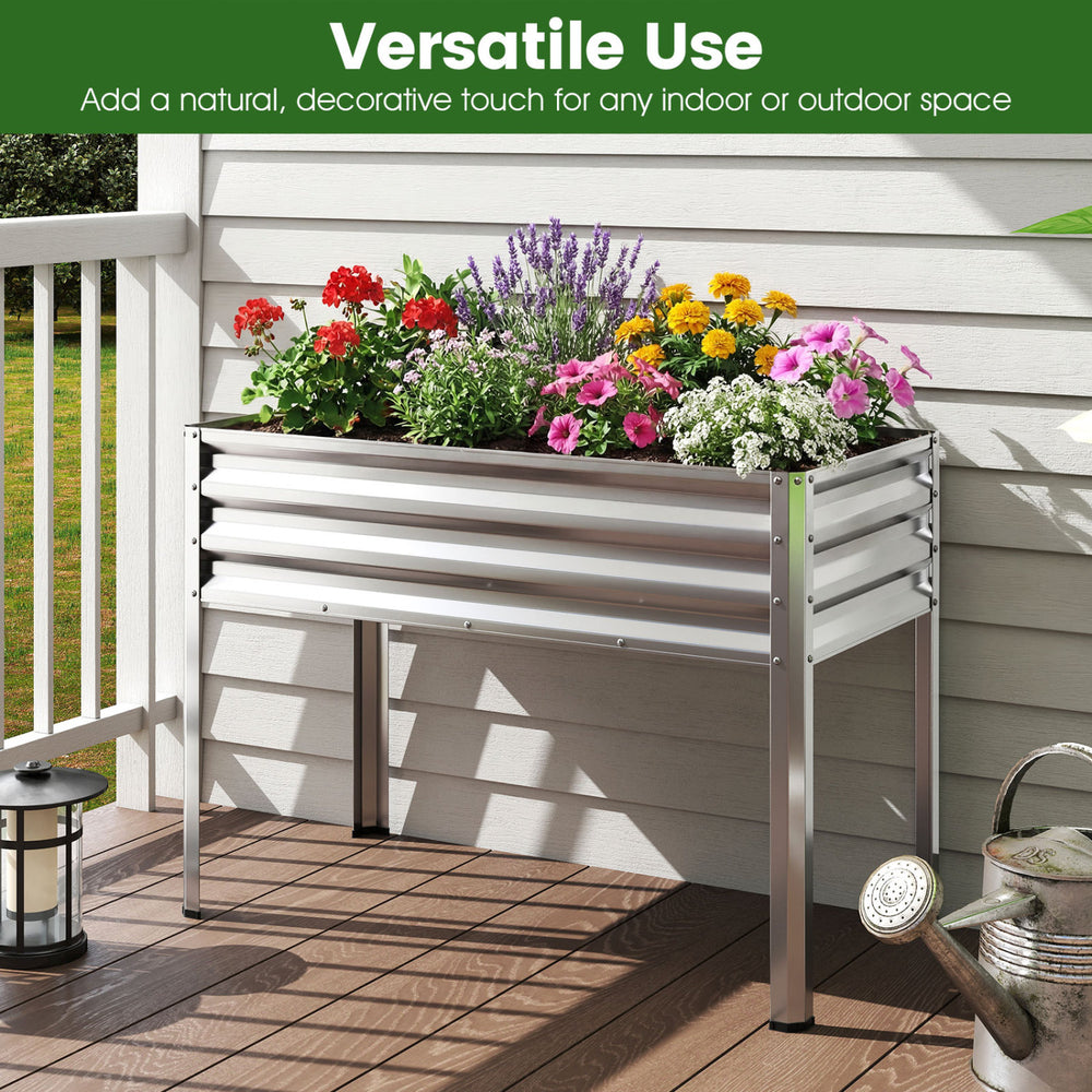 Elevated planter box with colorful flowers, made of electro-coated metal, perfect for indoor or outdoor gardening.