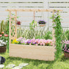 Wooden elevated planter box with hanging roof and trellis, made of durable pine, ideal for gardens and patios.