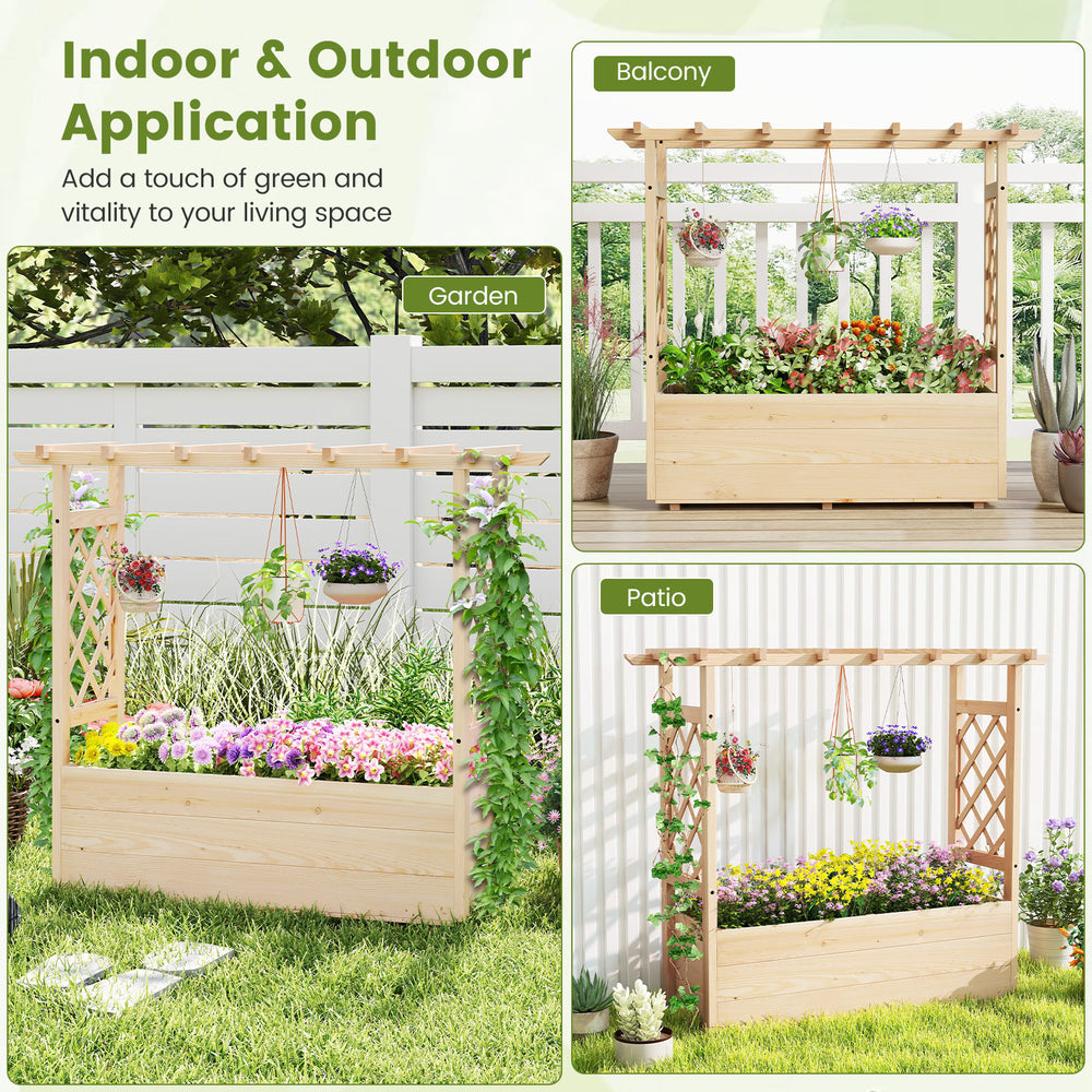 Wooden elevated planter box with trellis and hanging roof, ideal for gardens, patios, and balconies, made of sturdy.