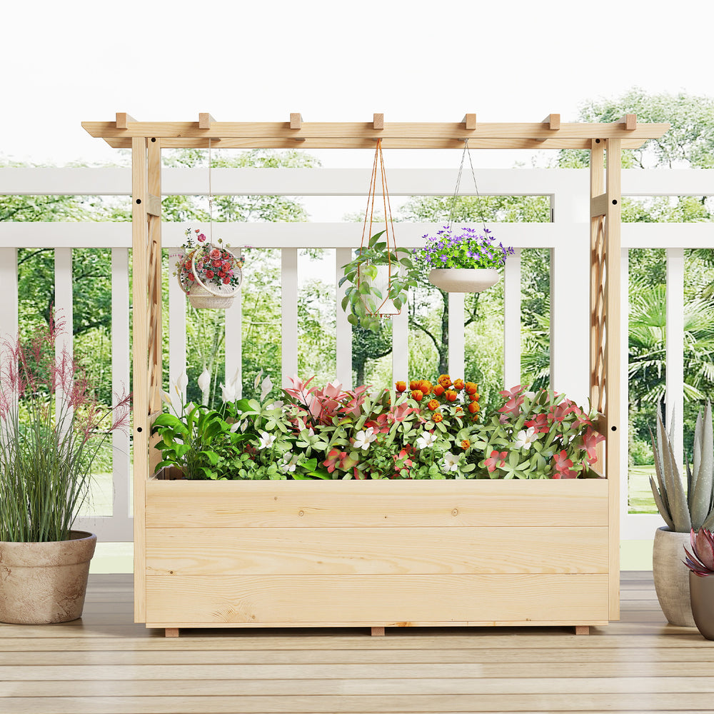 Wooden elevated planter box with hanging roof and trellises, perfect for cultivating plants in gardens or patios.