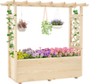 Wooden elevated planter box with hanging roof, trellis, and vibrant flowers, perfect for gardens and patios.