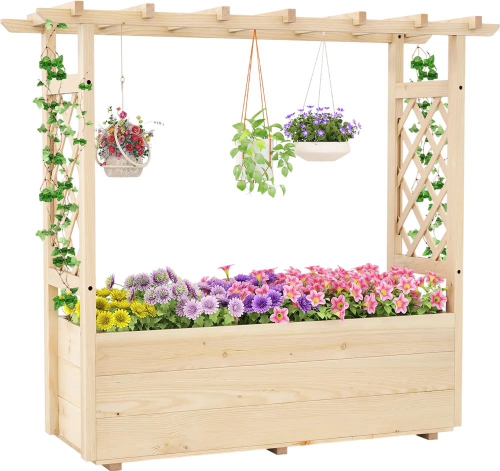 Wooden elevated planter box with hanging roof, trellis, and vibrant flowers, perfect for gardens and patios.