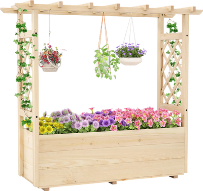Costway Wooden Elevated Raised Garden Bed Planter with Hanging Roof 68221398 New