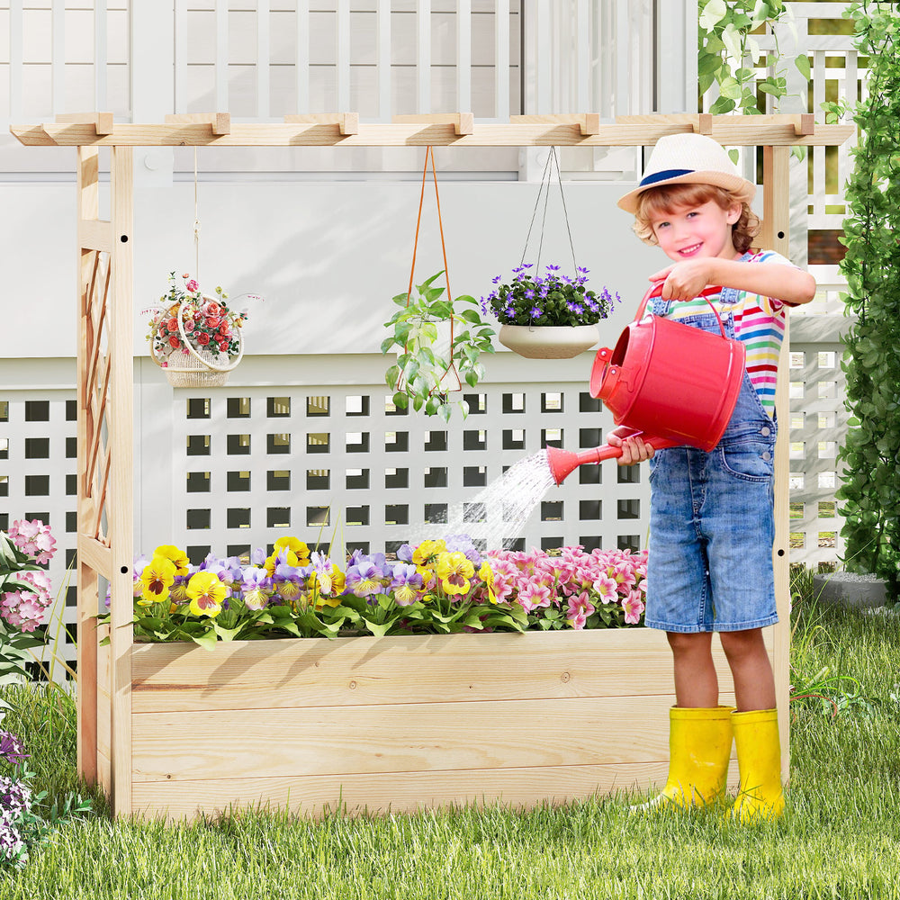 Wooden elevated planter box with hanging roof, ideal for cultivating plants in gardens or patios, featuring trellises.