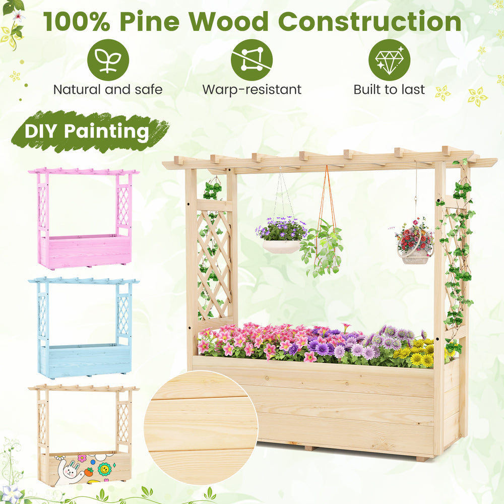 Wooden elevated planter box with hanging roof, made of durable pine, ideal for gardens and patios, perfect for plant.