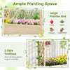 Large wooden elevated planter box with trellises for climbing plants, perfect for gardens and patios.