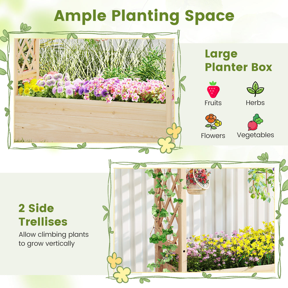 Large wooden elevated planter box with trellises for climbing plants, perfect for gardens and patios.