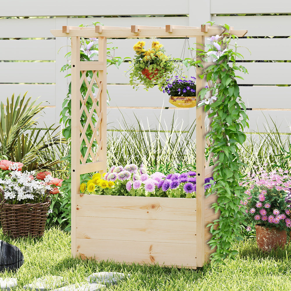 Wooden elevated planter box with hanging roof and trellis, ideal for cultivating flowers and climbing plants in gardens.