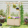 Wooden elevated planter box with hanging roof and trellis, ideal for cultivating flowers and climbing plants in gardens.