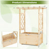 Wooden elevated planter box with trellis and hanging roof, made of pine, ideal for gardens and patios, dimensions shown.