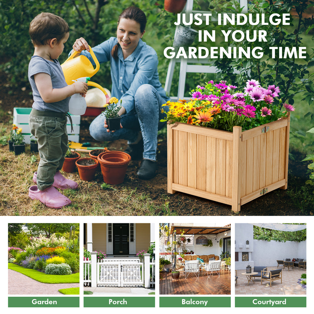 Folding square fir wood raised garden bed with vibrant flowers, perfect for patios, gardens, and courtyards.