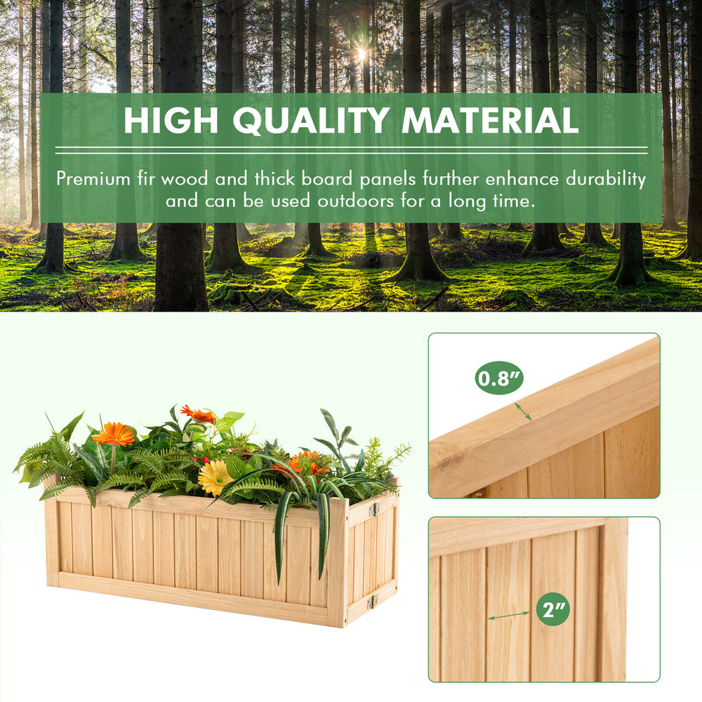 Folding wooden raised garden bed made of fir wood, featuring a removable bottom and drainage hole for outdoor plant.