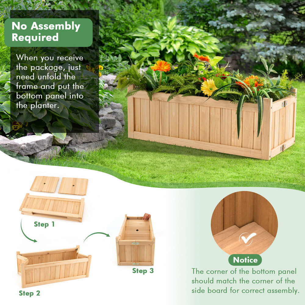 Folding wooden raised garden bed with removable bottom, ideal for herbs, fruits, and flowers in any outdoor space.