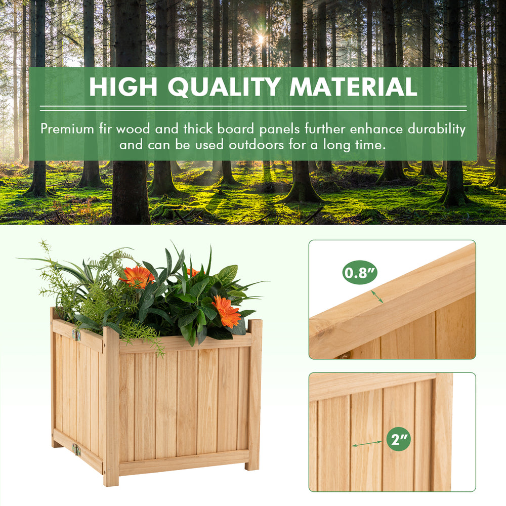 Folding square fir wood raised garden bed with removable bottom, featuring durable construction for flowers and herbs.
