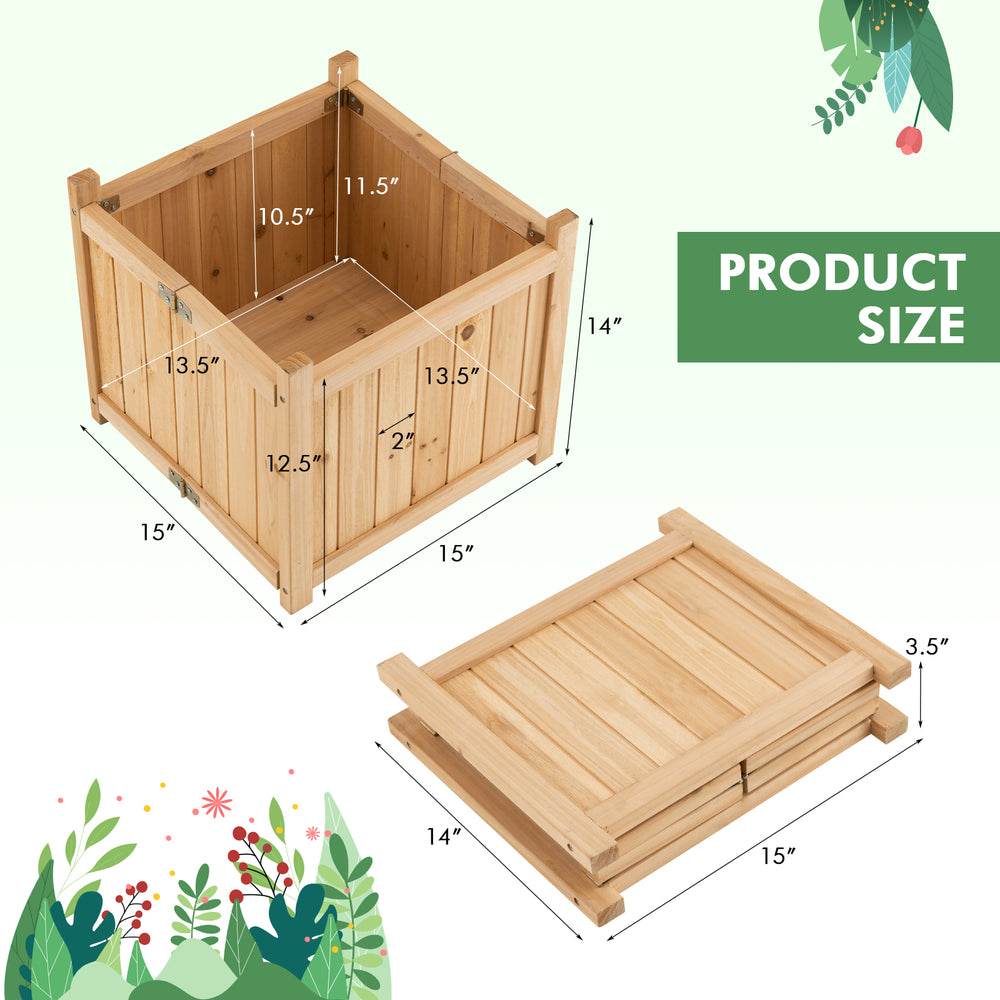 Folding square fir wood raised garden bed with removable bottom, 15" x 15" x 14", ideal for flowers and herbs.