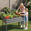 Large elevated planter box in grey, featuring a mother and daughter harvesting fresh vegetables in a garden setting.