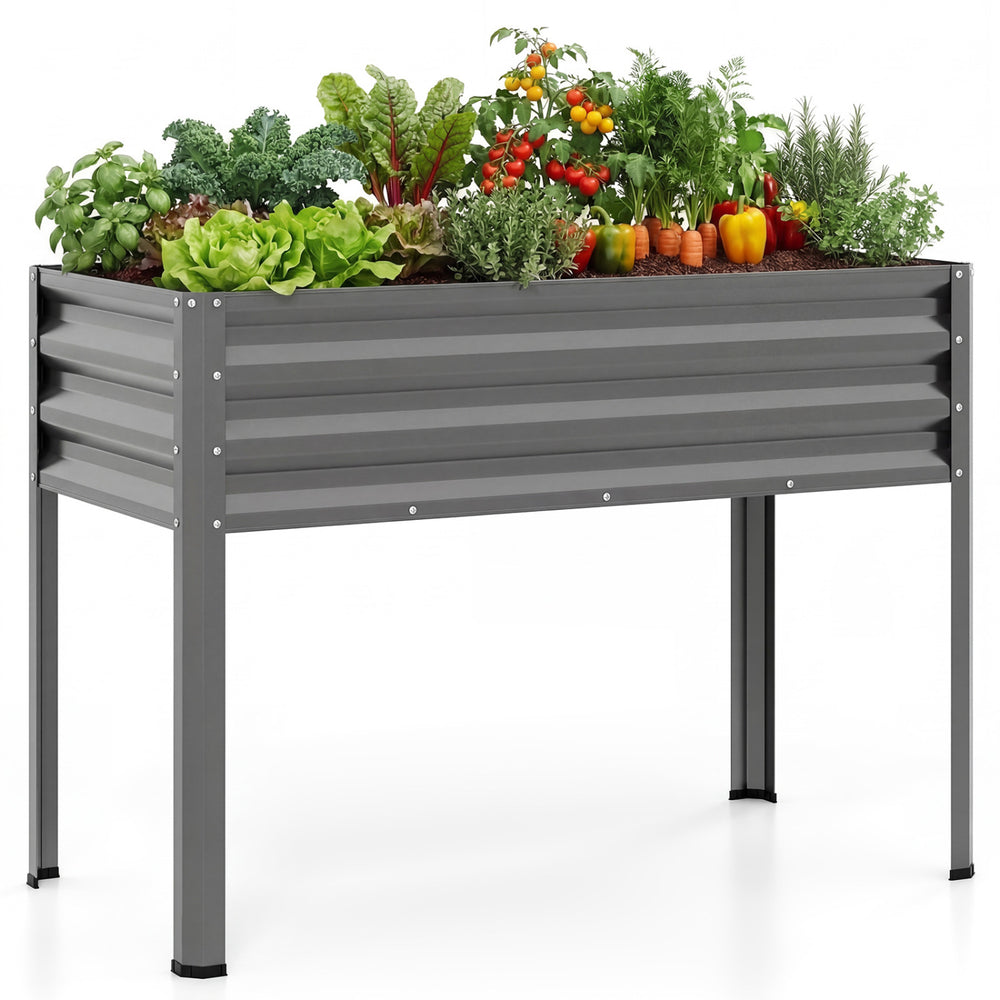 Large elevated planter box in grey metal, 32" high, perfect for growing vegetables and flowers indoors or outdoors.