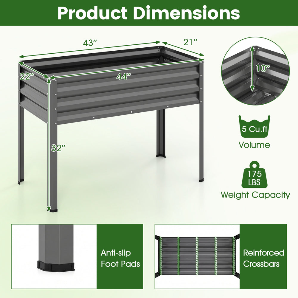 Large elevated planter box in grey with dimensions, anti-slip foot pads, and drainage holes for healthy plant growth.
