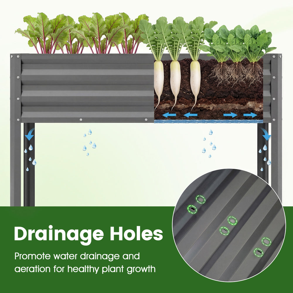 Raised garden bed with drainage holes, electro-coated metal, ideal for healthy plant growth in indoor or outdoor spaces.
