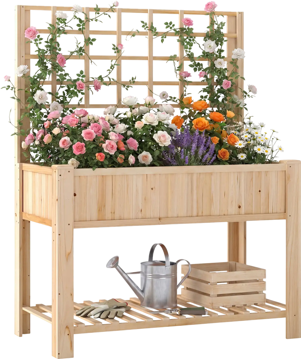 Wooden raised garden bed with trellis, featuring vibrant flowers, slatted shelf, and elevated design for easy gardening.