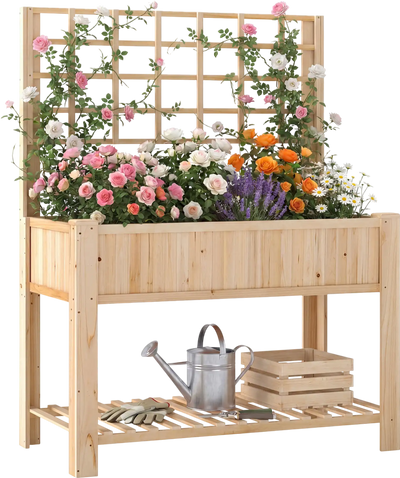Costway Raised Wooden Garden Bed Elevated Planter Box with Trellis Legs 823567941 New