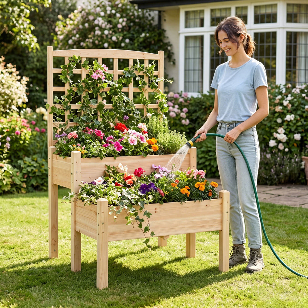 2-tier raised garden bed with trellis in natural fir wood, ideal for outdoor climbing plants and vibrant flowers.