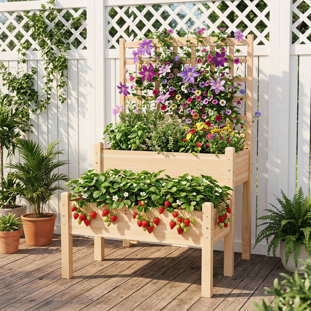 2-tier raised garden bed with trellis, made of natural fir wood, ideal for climbing plants and small space gardening.
