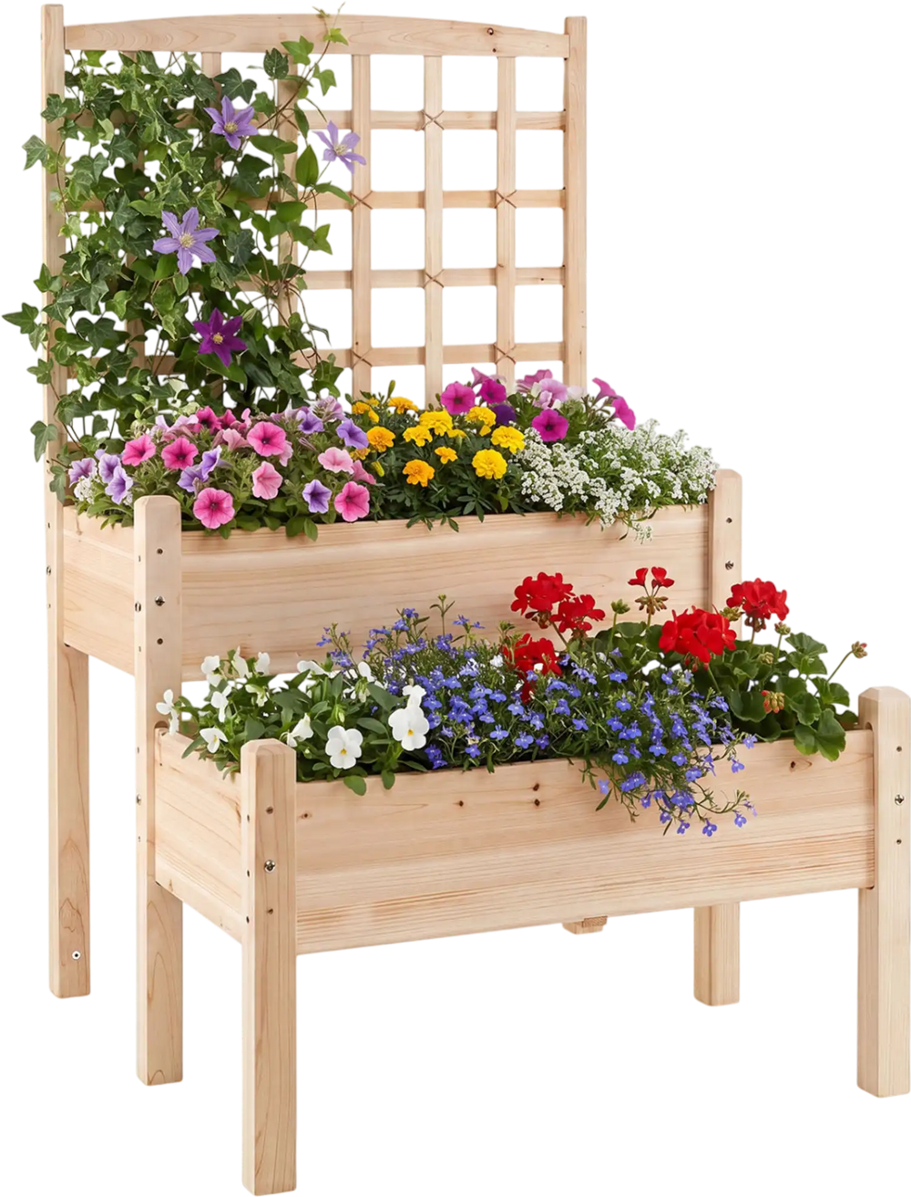 2-tier raised garden bed with trellis in natural fir wood, ideal for climbing plants and flowers in small outdoor.