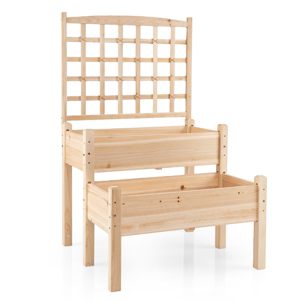 2-tier raised garden bed with trellis in natural fir wood, ideal for outdoor climbing plants and small space gardening.