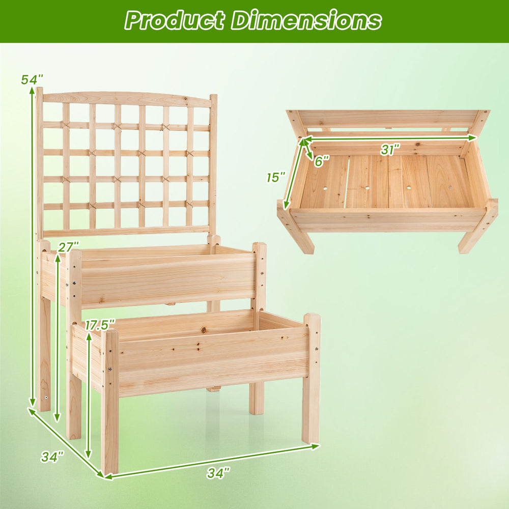 2-tier raised garden bed with trellis, natural fir wood, dimensions 54"x34", ideal for outdoor climbing plants.