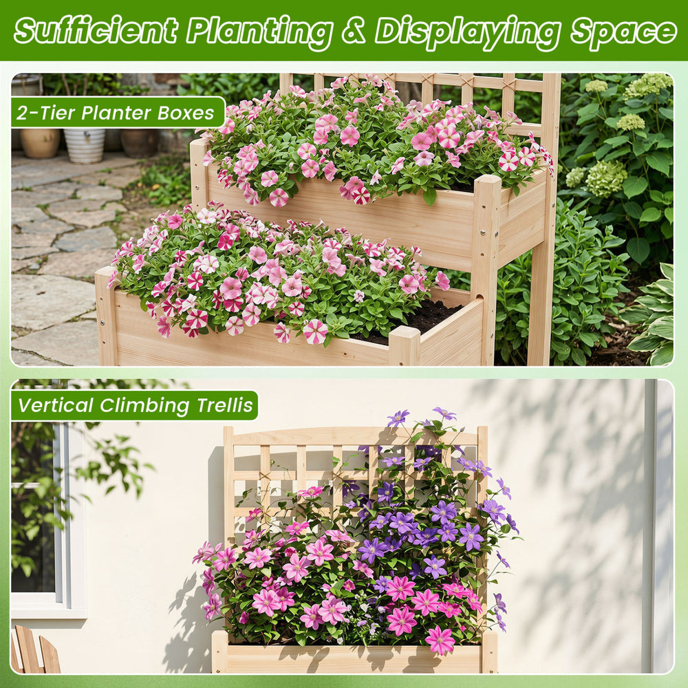 2-tier raised garden bed with trellis in natural fir wood, ideal for outdoor climbing plants and maximizing small spaces.