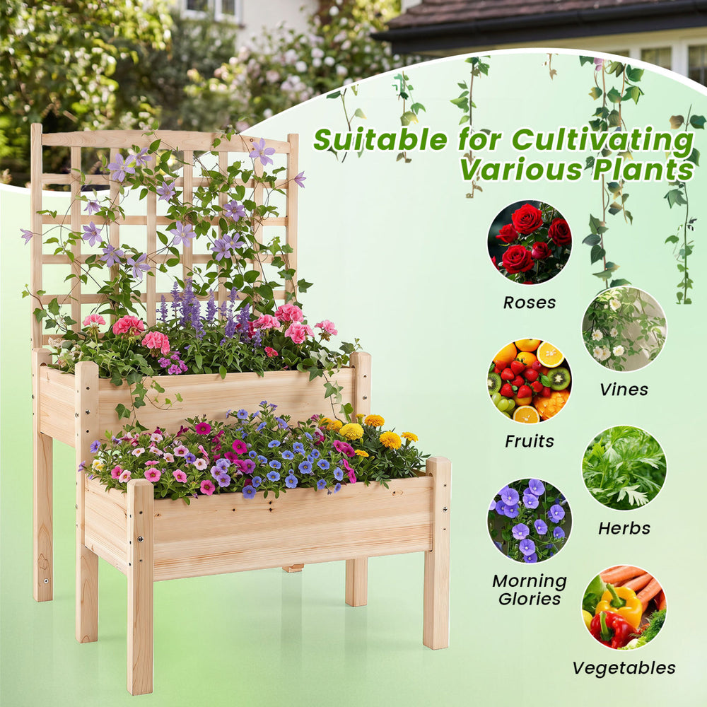 Raised garden bed with trellis in natural fir wood, designed for cultivating flowers, fruits, and climbing plants outdoors.