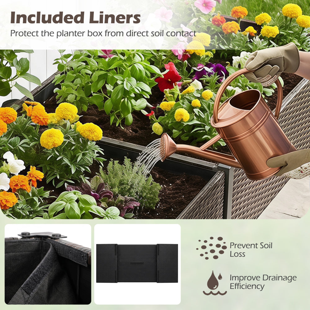 Elevated raised garden bed with removable liner, made of PE rattan, ideal for growing vegetables and herbs on patios.