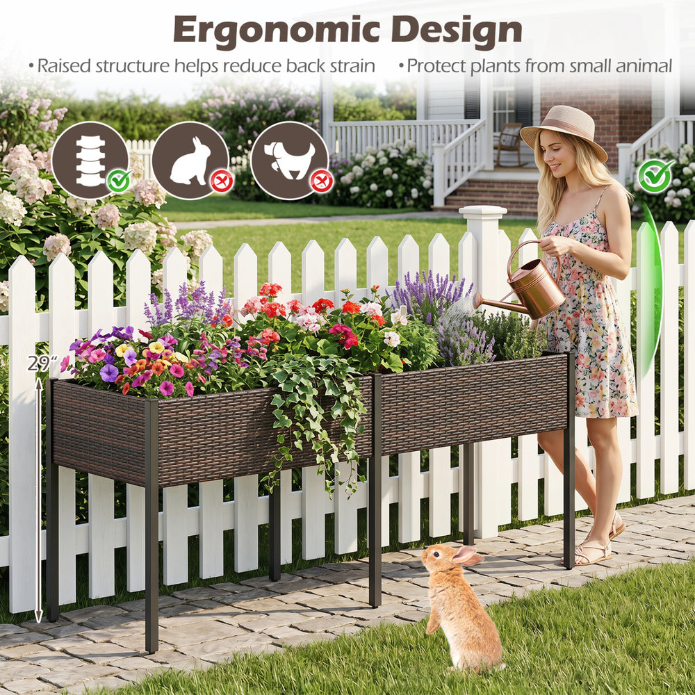 Elevated brown raised garden bed with legs and removable liner, ideal for planting vegetables and herbs in outdoor spaces.
