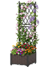 Raised garden bed with lattice trellis in black, featuring self-watering planter boxes for vertical plant growth.