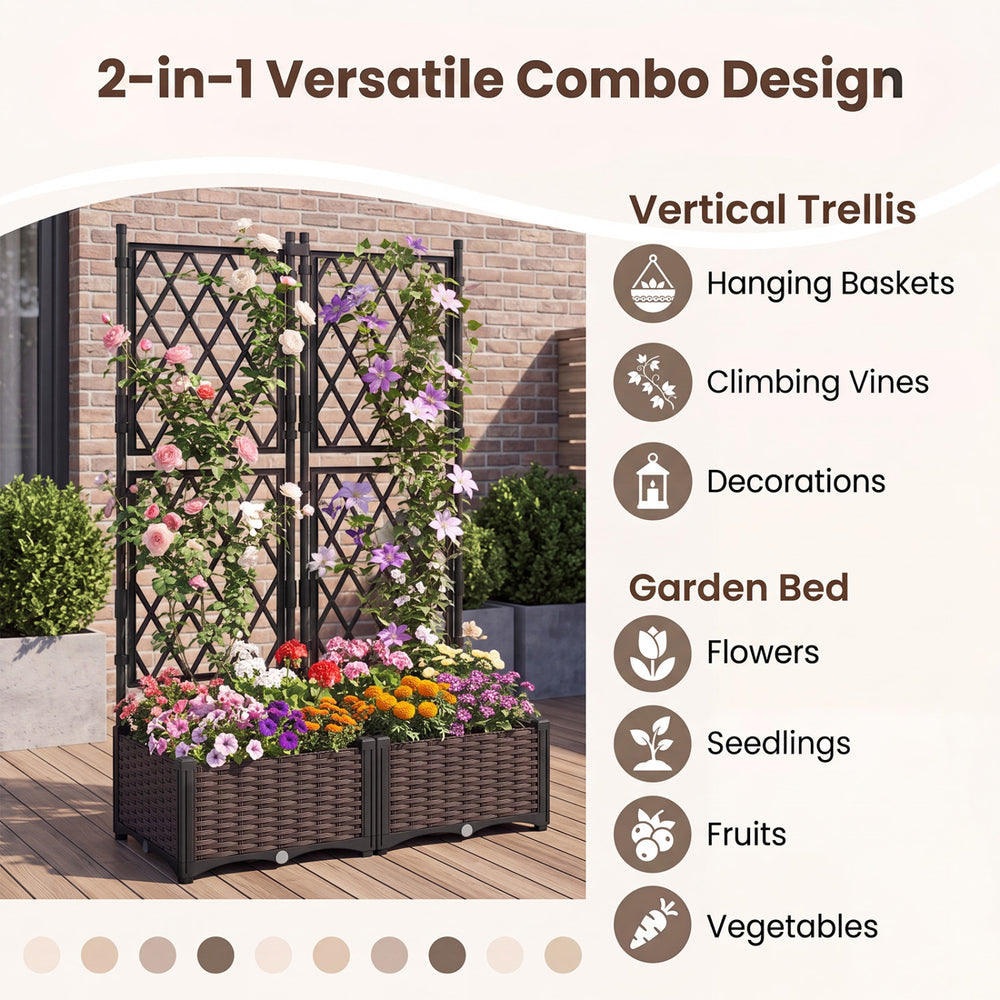 Raised garden bed with lattice trellis in black, featuring self-watering planter boxes for flowers and climbing plants.