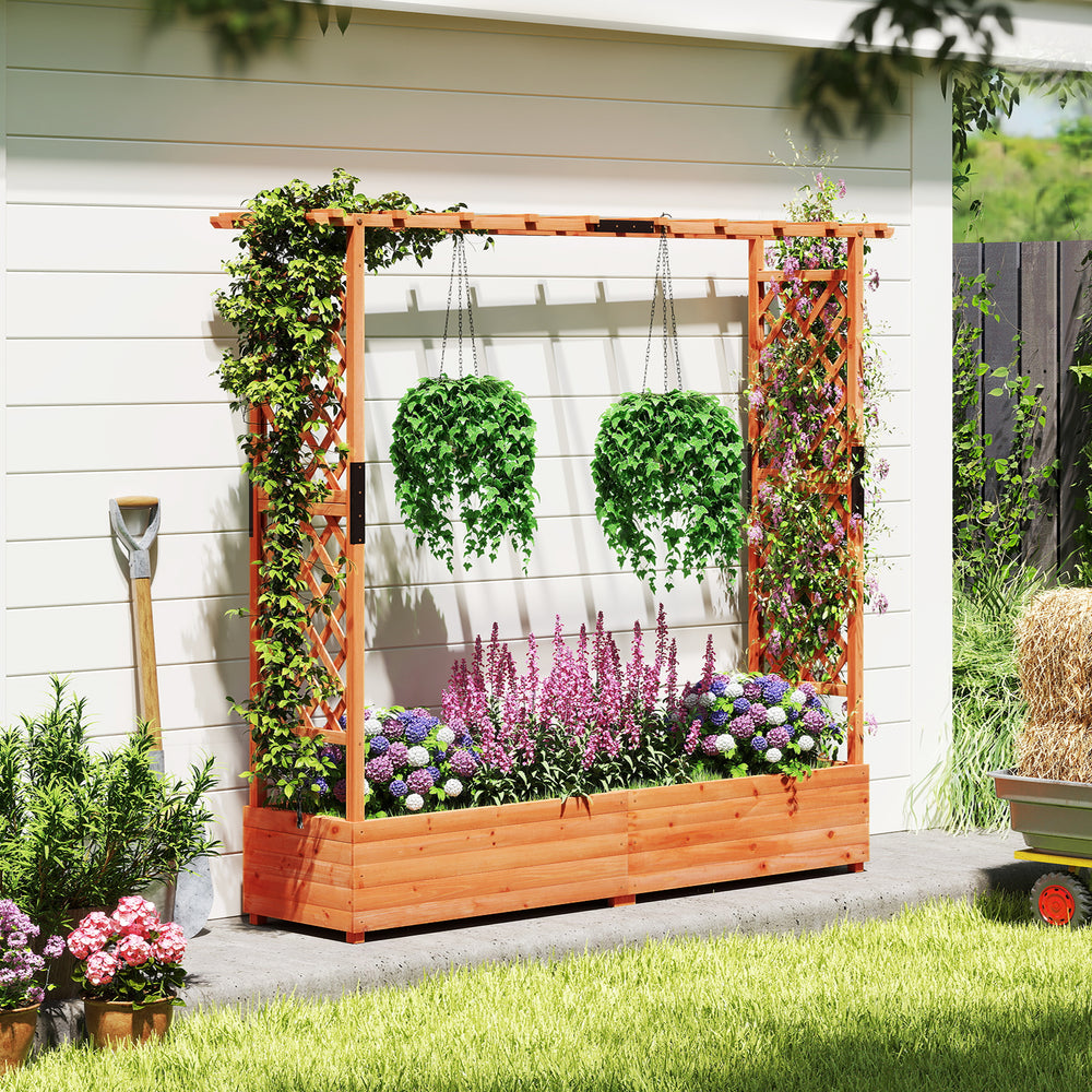 Raised garden bed with arch trellis and hanging roof, crafted from fir wood, perfect for climbing plants and flowers.