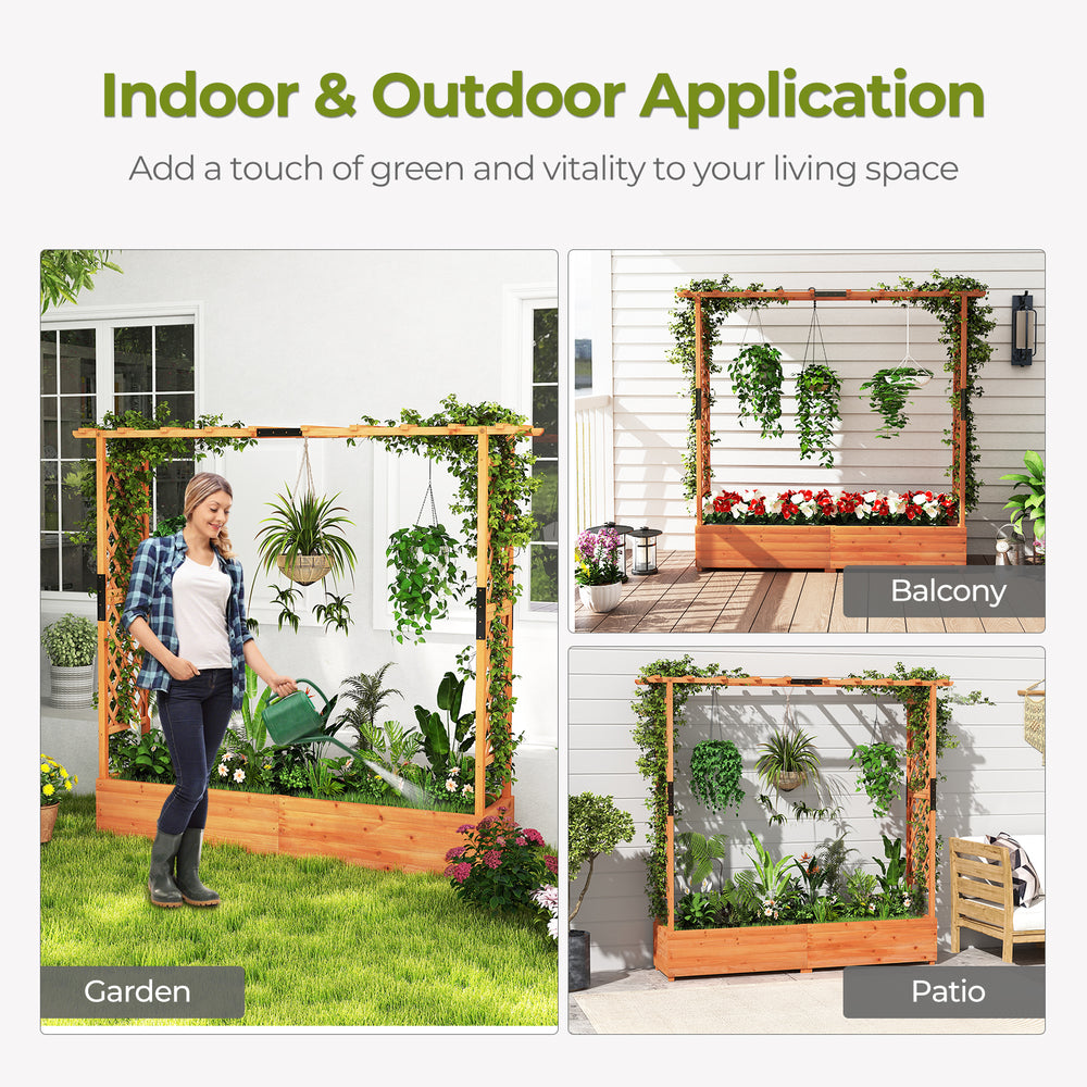 Raised garden bed with arch trellis and hanging roof, crafted from natural fir wood, ideal for balcony or patio plants.