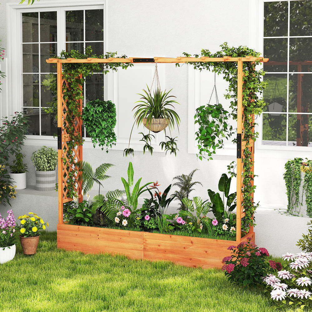 Wooden raised garden bed with trellis and hanging roof, featuring vibrant plants and flowers for a charming outdoor.