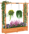 Raised garden bed with arch trellis, crafted from fir wood, featuring hanging baskets and vibrant flowers for outdoor.