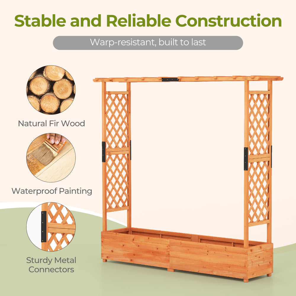 Raised garden bed with arch trellis, crafted from natural fir wood, featuring a hanging roof for climbing plants and.