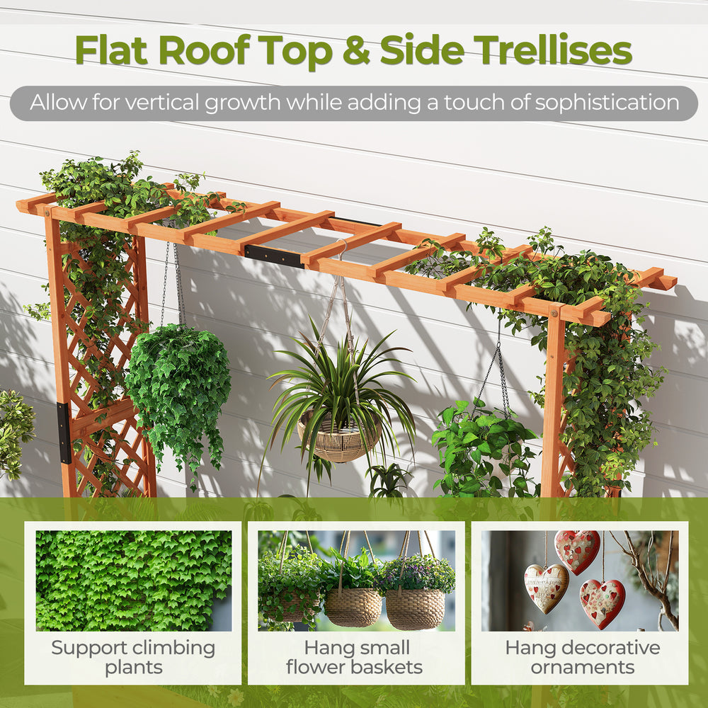 Raised garden bed with arch trellis in orange, crafted from fir wood, ideal for climbing plants and hanging flower.