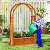 Wooden raised garden bed with lattice trellis and arched roof, perfect for climbing plants and flowers in a backyard.