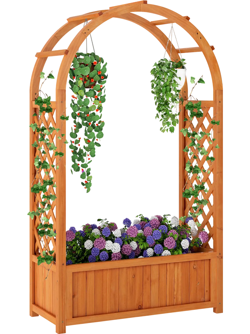 Wooden raised garden bed with lattice trellis and arched roof, ideal for climbing plants and decorative hanging items.