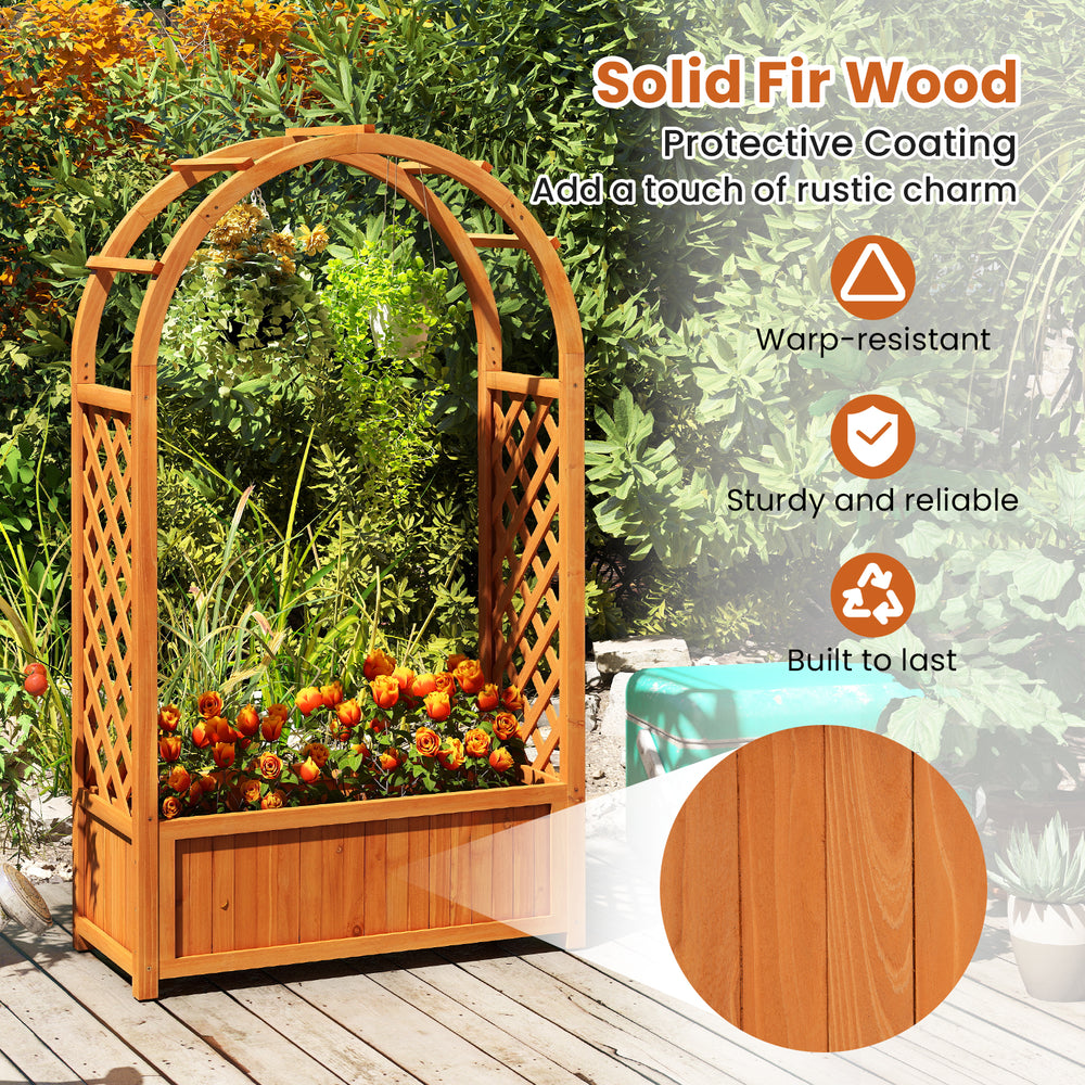Raised garden bed with arched trellis, crafted from sturdy fir wood, ideal for climbing plants and decorative displays.
